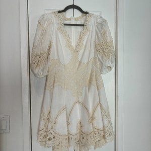 NWOT Zimmermann Tiggy crocheted lace-paneled linen mini dress